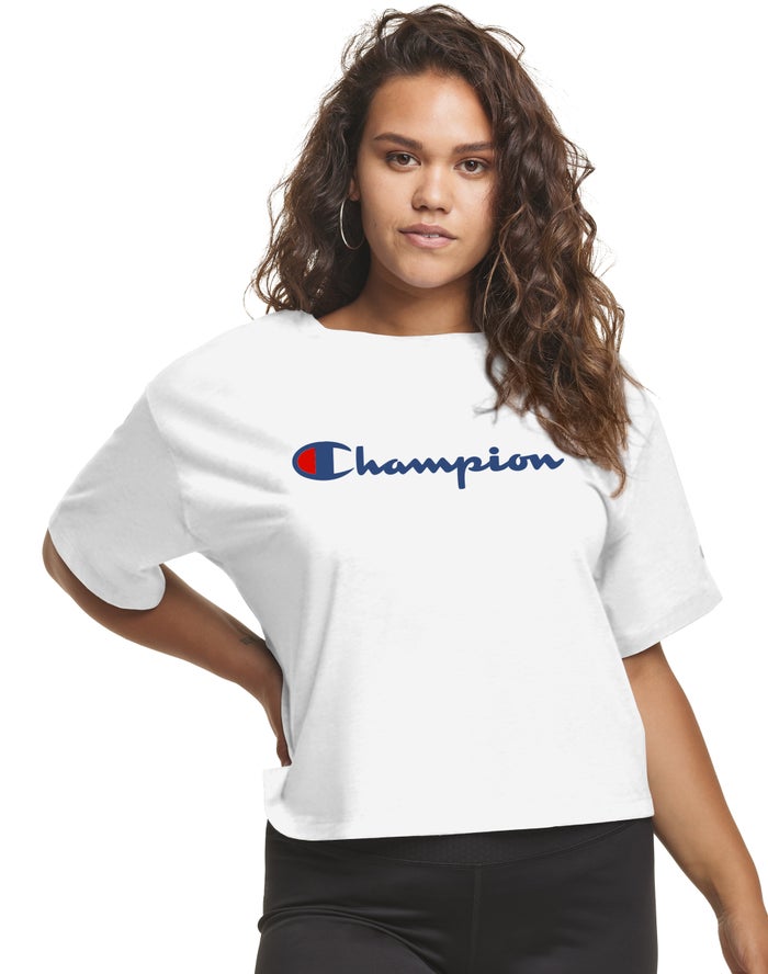 Champion Plus Cropped Script C Logo T-Shirt Dames - Wit - Belgie 8965HKTGM